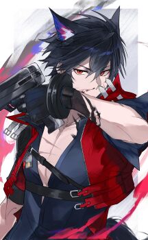 Rule 34 | 1boy, absurdres, animal ear fluff, animal ears, arknights, arknights: endfield, arm up, belt, black belt, black gloves, black hair, black shirt, blood, blood on face, border, collarbone, cowboy shot, double-parted bangs, gloves, gun, hair between eyes, handgun, highres, holding, holding gun, holding weapon, jacket, looking to the side, male focus, outside border, red eyes, red jacket, shirt, short sleeves, sideways glance, solo, weapon, white border, wolf ears, wulfgard (arknights), yakota (usuk-yako)
