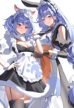 2girls animal_ear_hairband animal_ears apron black_dress black_gloves black_thighhighs blue_hair blush bow braid braided_ponytail breasts cleavage closed_mouth commentary_request dress fake_animal_ears fur-trimmed_dress fur_trim garter_straps gloves hair_bow hairband hand_up highres hololive juliet_sleeves large_breasts long_hair long_sleeves looking_at_viewer low_ponytail maid_headdress medium_breasts mother_and_daughter multicolored_hair multiple_girls pekomama pendora1022 ponytail puffy_short_sleeves puffy_sleeves rabbit_ear_hairband rabbit_ears rabbit_girl red_eyes short_dress short_eyebrows short_hair short_sleeves sidelocks simple_background smile streaked_hair thick_eyebrows thighhighs twintails usada_pekora virtual_youtuber waist_apron wavy_mouth white_apron white_background white_bow white_hair white_sleeves