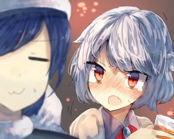 2girls :3 alcohol bad_id bad_pixiv_id beer blue_hair blurry brooch closed_eyes cup depth_of_field doremy_sweet drinking_glass drunk fang hat highres jewelry kishin_sagume light_particles looking_at_another multiple_girls nightcap open_mouth red_eyes short_hair silver_hair squeans suminagashi sweatdrop tearing_up tipsy touhou