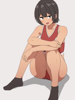 1girl black_eyes black_hair black_socks buruma dark-skinned_female dark_skin elel185 full_body midriff open_mouth original red_buruma red_sports_bra short_hair sitting smile socks solo sports_bra