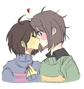 2others ahoge animification black_hair black_shirt blue_sweater blush_stickers brown_hair candy chara_(undertale) closed_eyes collared_shirt colored_inner_hair colored_skin commentary_request fingernails food frisk_(undertale) green_sweater hair_between_eyes heart holding holding_candy holding_food kiss korean_commentary long_sleeves looking_at_another multicolored_hair multiple_others other_with_other pale_skin puffy_long_sleeves puffy_sleeves red_eyes red_hair shirt short_hair simple_background single_stripe striped_clothes striped_sweater sweater turtleneck turtleneck_sweater undertale upper_body utdr_(toby_fox) white_background yellow_skin yx_won2