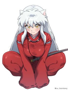 1girl animal_ears beads blush breasts commentary_request dog_boy dog_ears genderswap genderswap_(mtf) hair_between_eyes hakama highres inuyasha inuyasha_(character) japanese_clothes jewelry katana korean_commentary large_breasts long_hair long_sleeves looking_at_viewer lw_goombang necklace red_hakama sidelocks simple_background sleeves_past_wrists solo squatting sword weapon white_background yellow_eyes