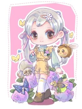 1girl afternoon_shine_(infinity_nikki) bee belt blue_butterfly boots border brooch brown_boots brown_eyes bug butterfly butterfly_necklace butterfly_net carrying_over_shoulder closed_mouth commission daisy_(flower) deformed dotted_line eyelashes eyeshadow fireflies flower flower_brooch foodie_bee_(infinity_nikki) frilled_straps green_shirt grey_hair hair_flower hair_ornament hair_ribbon hairclip hand_net high_heel_boots high_heels highres holding holding_butterfly_net infinity_nikki insect jewelry light_blush lips long_hair long_sleeves makeup nikki_(series) outline over-kneehighs overalls pink_background pink_eyeshadow pink_ribbon pocket puffy_long_sleeves puffy_sleeves purple_flower ribbon ribbon_legwear shadow shirt smile socks solo tarantula tareme thighhighs turtleneck turtleneck_shirt twintails walking white_border white_flower white_outline white_socks xiaoya_zie yellow_belt yellow_butterfly yellow_overalls yellow_ribbon