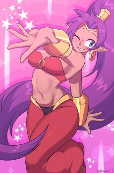 1girl artist_name blue_eyes blush breasts cleavage dark-skinned_female dark_skin grin highres large_breasts legs long_hair looking_at_viewer midriff navel o-ring o-ring_top one_eye_closed outstretched_arm pants pointy_ears ponytail purple_hair shantae shantae_(series) smile teeth thighs very_long_hair wink
