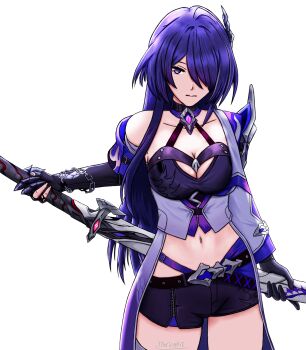 1girl acheron_(honkai:_star_rail) black_gloves black_shorts breasts commentary cowboy_shot crop_top elbow_gloves english_commentary gloves hair_over_one_eye highres holding holding_sword holding_weapon honkai:_star_rail honkai_(series) jacket large_breasts long_hair looking_at_viewer marine_art midriff navel purple_eyes purple_hair short_shorts shorts simple_background solo sword thighs very_long_hair weapon white_background white_jacket