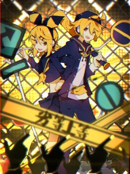 1boy 1girl backwards_hat baseball_bat baseball_cap black_hair black_hat blue_jacket blue_sailor_collar blue_shorts blue_skirt commentary_request earphones hair_ornament hairclip hat holding holding_baseball_bat jacket kagamine_len kagamine_rin looking_at_another neckerchief open_clothes open_jacket open_mouth pleated_skirt rettou_joutou_(vocaloid) road_sign sailor_collar shirt short_hair shorts sign skirt smile stop_sign swept_bangs user_hwtt2384 vocaloid white_shirt yellow_neckerchief