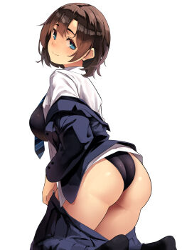 1girl ass black_one-piece_swimsuit blue_eyes blue_jacket blue_skirt breasts brown_hair commentary duplicate highres huge_ass jacket kekemotsu kneeling large_breasts long_sleeves looking_at_viewer looking_back necktie off_shoulder one-piece_swimsuit original pixel-perfect_duplicate seductive_smile shirt short_hair skirt smile swimsuit thighs white_shirt