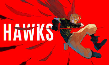 1boy absurdres azisaiharumaki56 belt black_boots black_gloves black_shirt blonde_hair boku_no_hero_academia boots brown_pants character_name commentary_request dynamic_pose feathers gloves hawks_(boku_no_hero_academia) highres holding holding_feather male_focus pants red_background red_wings shirt short_hair solo wings