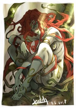 1girl ass batman_(series) breasts colored_skin commentary dated dc_comics facial_mark full_body gradient_hair green_hair green_lips green_skin hashtag-only_commentary highres kudou_masashi leaf light_rays long_hair medibang_paint_(medium) medium_breasts multicolored_hair nude poison_ivy red_hair signature sitting smile solo sunlight tree very_long_hair