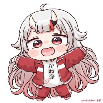 1girl ahoge blush_stickers chibi clothes_writing commentary_request full_body grey_hair hololive horns jacket long_hair long_sleeves mochimiko multicolored_hair nakiri_ayame nakiri_ayame_(cutie_jersey) oni open_clothes open_jacket pants puffy_long_sleeves puffy_sleeves red_eyes red_hair red_jacket red_pants shirt signature simple_background sleeves_past_wrists solo streaked_hair track_jacket track_pants track_suit very_long_hair virtual_youtuber white_background white_shirt