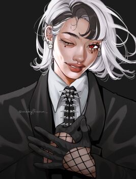 1girl adjusting_clothes adjusting_necktie aegyo_sal asian asymmetrical_bangs black_background black_gloves black_jacket black_necktie black_streaks blazer bob_cut collared_shirt earrings eyelashes fishnet_sleeves fishnets floating_hair gloves hair_behind_ear half_gloves highres jacket jewelry kira_(zeebythesea) light_smile mole mole_on_cheek mole_on_forehead mole_on_hand mole_on_neck mole_under_each_eye mole_under_eye mole_under_mouth multiple_moles necktie one_eye_closed original oversized_jacket parted_lips pearl_earrings portrait red_eyes shirt single_hair_streak spiked_clothes spiked_ear_piercing thick_eyebrows thick_lips twitter_username white_hair white_shirt zeebythesea