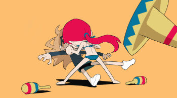 2girls aqua_skirt bikini blonde_hair blue_bikini chibi earrings glasses hat highres hotelblue instrument jewelry kiss legs_apart long_hair long_sleeves madeline_(hotelblue) maracas multiple_girls original outstretched_arms pencil_skirt r.h. red_hair shadow simple_background skirt sombrero spread_arms swimsuit unworn_hat unworn_headwear yellow_background yuri