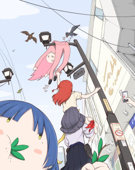 Rule 34 | 1other, 4girls, ^^^, absurdres, anglediana, bird, black shoes, black skirt, blue sky, bocchi the rock!, brown shirt, building, carrying, cellphone, closed mouth, commentary request, day, deflated, eating, floating hair, gotoh hitori, green eyes, grey shirt, grey skirt, highres, holding, holding phone, holding plant, ijichi nijika, jacket, kessoku band, kita ikuyo, lamppost, long hair, mole, mole under eye, multiple girls, no hair ornament, o o, one side up, out of frame, outdoors, pants, phone, pink hair, pink jacket, pink pants, plant, pleated skirt, polka dot, power lines, red hair, rescue, school uniform, shimokitazawa high school uniform, shirt, shirt tucked in, shoes, short sleeves, shoulder carry, shuka high school uniform, skirt, sky, smartphone, socks, stuck, taking picture, three-quarter sleeves, white socks, yamada ryo