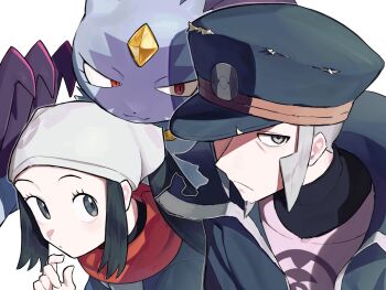 Rule 34 | 1boy, 1girl, akari (pokemon), black hat, black shirt, closed mouth, eyelashes, facial hair, frown, goatee, grey eyes, grey hair, hat, headscarf, highres, ingo (pokemon), jacket, nintendo, peaked cap, pearl clan outfit, pokemon, pokemon (creature), pokemon legends: arceus, red scarf, scarf, shirt, sidelocks, simple background, sneasler, umebosi nigame, white background