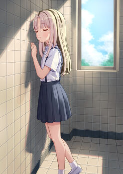 1girl absurdres against_wall aged_down black_streaks blonde_hair blue_skirt blush closed_eyes flat_chest highres hololive hololive_dev_is indoors koganei_niko long_hair nanado_shion pleated_skirt shoes skirt socks solo suspender_skirt suspenders tile_floor tile_wall tiles virtual_youtuber white_shoes white_socks window