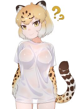 >:) 1girl ? ?? absurdres animal_ears animal_print arms_at_sides blonde_hair bottomless breasts brown_hair closed_mouth collarbone colored_inner_hair commentary_request covered_erect_nipples cowboy_shot elbow_gloves extra_ears female_pubic_hair gloves grey_hair highres jaguar_(kemono_friends) jaguar_ears jaguar_girl leopard_print jaguar_tail kemono_friends looking_at_viewer masuyama_ryou medium_breasts medium_hair multicolored_hair naked_shirt no_bra parted_bangs print_gloves pubic_hair see-through_clothes see-through_shirt see-through_silhouette shirt simple_background smile solo tail v-shaped_eyebrows white_background white_shirt yellow_eyes