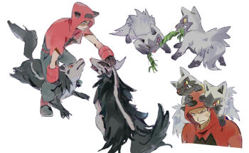 1boy closed_mouth fake_horns gen_3_pokemon gloves headpat hood hood_up horns male_focus maumaujanken mightyena multiple_views nintendo on_head pants petting pokemon pokemon_(creature) pokemon_on_head pokemon_rse poochyena rope shoes squatting team_magma team_magma_grunt team_magma_uniform white_background