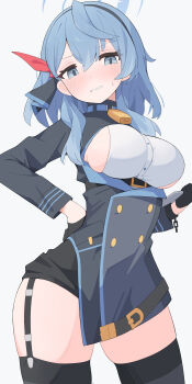 1girl absurdres ako_(blue_archive) bell black_gloves black_jacket black_thighhighs blue_archive blue_eyes blue_hair blue_halo blush breasts clenched_teeth commentary_request cowbell gloves grey_background halo highres jacket large_breasts long_sleeves medium_hair neck_bell simple_background solo standing teeth thighhighs thighs yuuko_(oruta)