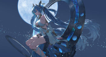 1girl absurdres ame_(2453323719) ancient_greek_clothes armlet bare_shoulders blue_eyes blue_hair blue_skirt blue_sky closed_mouth commentary_request full_moon gold_bra greco-roman_clothes highres iuno_(wuthering_waves) jewelry laurel_crown long_hair looking_at_viewer moon partial_commentary sitting skirt sky solo twintails very_long_hair wuthering_waves