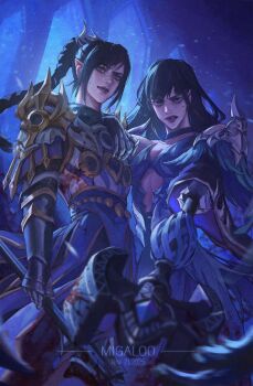 2girls armor baldur&#039;s_gate baldur&#039;s_gate_3 black_dress black_hair blood braid braided_ponytail dress dungeons_&amp;_dragons dungeons_&amp;_dragons elf final_fantasy final_fantasy_xiv gaia_(ff14) highres long_hair looking_at_viewer migaloo multiple_girls pointy_ears scar scar_on_face scar_on_nose shadowheart_(baldur&#039;s_gate)