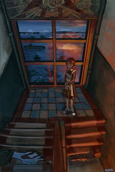 absurdres apron bag brown_hair cloud converse_shoes flood hair_ornament hairclip highres holding holding_bag indoors iwakura_lain looking_at_viewer maid maid_apron night night_sky rlsvd russia serial_experiments_lain shoes short_hair sky sneakers soviet_school_uniform stairs tagme window x_hair_ornament