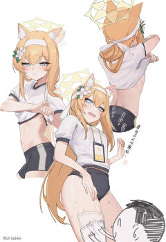 1boy 1girl animal_ear_fluff animal_ears doodle_sensei_(blue_archive) back blue_archive blue_eyes blush chilakkk flower from_side gym_shirt gym_shorts gym_uniform hair_flower hair_ornament hairband halo headband highres id_card long_hair mari_(blue_archive) mari_(track)_(blue_archive) multiple_views official_alternate_costume orange_hair sensei_(blue_archive) shirt shorts simple_background standing sweat undressing white_background white_hairband white_headband wiping_sweat wringing_clothes yellow_halo