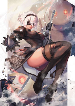 1girl 2b_(nier:automata) black_dress black_hairband blindfold boots breasts dress gloves hairband hinoru_saikusa juliet_sleeves long_sleeves medium_breasts nier:automata nier_(series) panties pantyshot parted_lips puffy_sleeves short_hair thigh_boots underwear virtuous_contract white_hair
