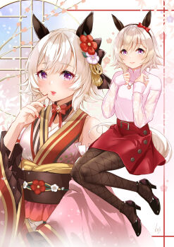 Rule 34 | 1girl, animal ears, bare shoulders, black hairband, blush, bow, breasts, brown pantyhose, casual, closed mouth, commentary request, curren chan (casual) (umamusume), curren chan (cutie pie with shining eyes) (umamusume), curren chan (umamusume), detached sleeves, ear bow, ear covers, fishnet pantyhose, fishnets, flower, grey hair, hair flower, hair ornament, hairband, heart, heart necklace, highres, horse ears, horse girl, horse tail, japanese clothes, jewelry, kimono, koji (kojikojimdw), long sleeves, looking at viewer, multiple views, nail polish, necklace, official alternate costume, pantyhose, parted lips, pink shirt, pink sleeves, purple eyes, red bow, red nails, red skirt, see-through clothes, see-through sleeves, shirt, shoes, short hair, skirt, sleeveless, sleeveless kimono, smile, sweater, tail, umamusume, white hair, white sweater, wide sleeves, yukata