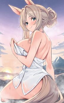 1girl animal_ears ass blush breasts brown_hair commentary_request green_eyes hair_bun highres horse_ears horse_girl horse_tail large_breasts looking_at_viewer looking_to_the_side mountain naked_towel onsen original osa_(osaosa) outdoors parted_bangs shoulder_blades single_hair_bun sitting smile soaking_feet solo steam sunset tail thighs towel