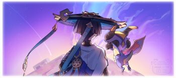 Rule 34 | 1boy, animal print, arms at sides, bird print, black bodysuit, black bridal gauntlets, black hair, blue cape, blue hat, blue sleeves, blunt ends, bodysuit, border, bridal gauntlets, cape, commentary, dragon, durin (genshin impact), facing away, from behind, furisode, genshin impact, gold, gold trim, hat, japanese clothes, jingasa, kimono, layered sleeves, male focus, mini durin (genshin impact), purple hair, purple sky, scaramouche (genshin impact), shooting star, short sleeves, sky, small dragon, star (sky), starry sky, turtleneck, turtleneck bodysuit, w 0reha, wanderer (genshin impact), watermark, white border, white kimono, white sleeves, white trim