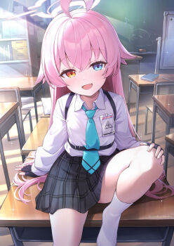 1girl ahoge arm_support black_gloves black_skirt blue_archive blue_eyes blue_necktie blush book chair chalkboard chest_harness classroom collared_shirt commentary desk dress_shirt fang fingerless_gloves foot_out_of_frame gloves hair_between_eyes halo hand_on_own_knee harness heterochromia highres hoshino_(blue_archive) huge_ahoge id_card indoors knee_up kneehighs loli long_hair long_sleeves looking_at_viewer mimihachi necktie no_shoes on_desk open_mouth pillow pink_hair pink_halo plaid_clothes plaid_skirt pleated_skirt school_chair school_desk school_uniform shirt sitting sitting_on_table skin_fang skirt smile socks solo thighs twitter_username very_long_hair white_shirt white_socks yellow_eyes