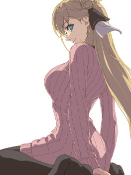 Rule 34 | 1girl, agnes claudel, black thighhighs, blonde hair, blue eyes, braid, braided bun, breasts, bun with braided base, chiharu (9654784), closed mouth, collared shrug, eiyuu densetsu, floating hair, from side, hair bun, highres, kuro no kiseki (series), kuro no kiseki i, leggings, light smile, long hair, long sleeves, looking at viewer, low-tied long hair, ribbed sweater, shrug (clothing), simple background, single side bun, sitting, smile, solo, sweater, thighhighs, upper body, white background