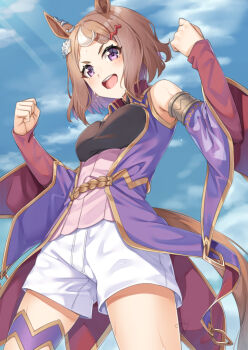 1girl animal_ears blue_sky breasts brown_hair clenched_hands cloud commentary_request day horse_ears horse_girl horse_tail long_sleeves looking_at_viewer medium_breasts miri_(ago550421) multicolored_hair open_mouth outdoors purple_eyes shorts sky solo standing streaked_hair sweat tail teeth thighs tsurumaru_tsuyoshi_(dream_bold_stand_tall_tsuyoshi!)_(umamusume) tsurumaru_tsuyoshi_(umamusume) umamusume upper_teeth_only white_hair white_shorts