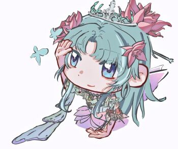 1girl aqua_hair argyle_clothes argyle_sleeves bare_shoulders blue_butterfly blue_eyes blue_sleeves bracelet bug butterfly chibi chinese_commentary closed_mouth commentary_request cropped_legs detached_sleeves dot_nose dress eyes_visible_through_hair fairy_wings flower flower_bracelet flower_necklace frilled_sleeves frills green_dress hair_flower hair_ornament hairpin hand_on_own_head happy infinity_nikki insect jewelry long_hair long_sidelocks looking_ahead necklace nikki_(series) outstretched_hand parted_bangs pink_flower puffy_short_sleeves puffy_sleeves purple_dress purple_wings red_flower red_rose rose short_sleeves sidelocks simple_background smile solo strapless strapless_dress stylist_(nikki) tiara two-tone_dress water_lily_flower white_background white_flower white_rose wings xinla_mutou_chuan