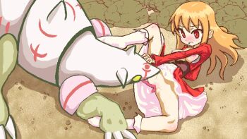 1girl 3uf0ria bad_end bestiality bilingual_commentary blonde_hair blush breasts breasts_out carapace claudia_(maze_of_marionette) commentary creature cunnilingus dress drooling embarrassed english_commentary frilled_socks frills highres legs_apart long_hair long_neck long_tongue lying maze_of_marionette medium_breasts mixed-language_commentary on_back open_mouth oral pussy rape red_dress red_eyes saliva socks tongue tongue_out white_socks yellow_eyes