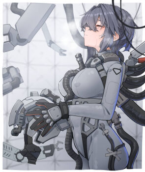 bodysuit border cable closed_eyes covered_erect_nipples cowboy_shot gloves grey_bodysuit grey_hair harness helmet highres machinery mechanical_arms medium_hair original ringobatake science-fiction skin_tight steam sweat tape tube unworn_headwear unworn_helmet white_border