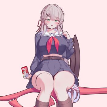 1girl absurdres belt black_belt black_socks blue_serafuku blue_shirt blue_skirt blush breasts chisa_(wuthering_waves) chisa_(wuthering_waves)_(cosplay) commentary_request cosplay cowboy_shot green_eyes grey_hair hair_ornament hair_ribbon hairclip hand_up highres holding large_breasts long_hair long_sleeves looking_at_viewer miniskirt open_mouth parallel_hairclips parted_bangs pink_background rapid17 red_ribbon ribbon sailor_collar school_uniform serafuku shirt simple_background sitting skirt socks solo thigh_strap viichan virtual_youtuber waktaverse white_sailor_collar wuthering_waves