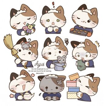 Rule 34 | > <, :<, :3, :d, :t, ;3, ;q, animal, animal focus, animal on head, ayu (mog), blue dress, bouquet, broom, bucket, calico (pattern), calico cat, closed eyes, closed mouth, commentary request, dress, flower, highres, holding, holding bouquet, holding broom, holding bucket, holding vase, long sleeves, maid, maid headdress, mouse (animal), multiple views, no humans, on head, one eye closed, open mouth, original, signature, simple background, smile, solid circle eyes, squiggle, sweatdrop, teardrop, tongue, tongue out, watermark, whiskers, white background, yellow flower