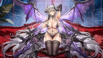 Rule 34 | 1girl, :q, absurdres, arm behind head, artist request, black horns, breasts, brown eyes, commentary request, echocalypse, fishnet thighhighs, fishnets, gloves, gluteal fold, grey hair, hair between eyes, highres, horns, kneeling, large breasts, lilith (echocalypse), liquid clothes, long hair, official art, plant, purple wings, revealing clothes, solo, thigh gap, thighhighs, tongue, tongue out, wings