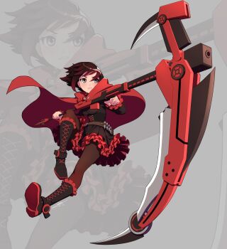 1girl absurdres belt black_corset black_dress blush boots brown_belt bullet cape commentary corset crescent_rose dress english_commentary eyelashes full_body grey_background grey_eyes highres holding holding_scythe official_art red_boots red_cape red_hair ruby_rose rwby scope scythe short_hair signature simple_background solo uyalago zoom_layer