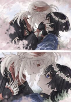 2boys ahoge blue_eyes closed_eyes closed_mouth flower genshin_impact head_wreath highres kaedehara_kazuha kiss looking_at_another lying male_focus multiple_boys on_back red_eyes scaramouche_(genshin_impact) smile split_screen wanderer_(genshin_impact) yaoi yoruli_e