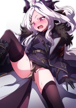 1girl absurdres ahoge black_horns black_jacket black_panties black_thighhighs blue_archive blush boots crotch_seam demon_girl demon_horns hair_ornament hairclip halo highres hina_(blue_archive) horns jacket knee_boots long_hair multiple_horns open_mouth panties parted_bangs pink_eyes solo spread_legs sweat sweatdrop thighhighs thighs to_(tototo_tk) underwear very_long_hair white_background white_hair