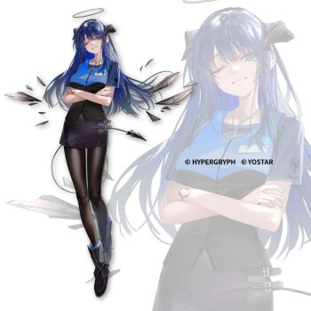 Rule 34 | 1girl, arknights, black boots, blue hair, boots, closed mouth, crossed arms, demon horns, demon tail, detached wings, energy wings, fallen angel, full body, halo, horns, jewelry, long hair, looking at viewer, mostima (arknights), necklace, nishikikope, one eye closed, shirt, short sleeves, simple background, smile, solo, standing, tail, white background, wings, zoom layer