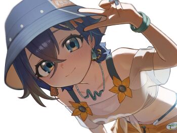 1girl bare_shoulders belle_(summer_skies)_(zenless_zone_zero) belle_(zenless_zone_zero) bikini bikini_top_under_shirt bikini_under_clothes blue_hair blush bracelet bucket_hat closed_mouth collarbone commentary_request commission crossed_bangs earrings fish_hat fujinari green_eyes hair_between_eyes hair_ornament hat highres jewelry leaning_forward letter_hair_ornament looking_at_viewer midriff navel necklace off-shoulder_shirt off_shoulder official_alternate_costume orange_bikini orange_shorts see-through_clothes see-through_shirt shirt short_hair shorts simple_background smile solo sphere_hair_ornament swimsuit tied_shirt v white_background zenless_zone_zero