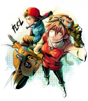 Rule 34 | 1boy, 1girl, artist request, blue eyes, blue jacket, brown gloves, brown shorts, copyright name, flcl, frown, full body, gloves, goggles, goggles on headwear, haruhara haruko, jacket, latex, looking at viewer, motor vehicle, nandaba naota, purple hair, red shirt, scarf, scooter, shirt, shorts, simple background, sitting, sitting on leg, smile, teeth, white footwear, white scarf, white sleeves, yellow eyes