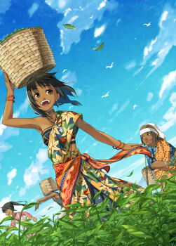 1boy 3girls :d armpits bad_id bad_pixiv_id bare_shoulders basket bindi bird black_hair bracelet brown_eyes carrying cloud dark-skinned_female dark_skin day dutch_angle earrings facial_mark forehead_mark from_below happy highres indian_clothes jewelry kimura_(ykimu) leaf multiple_girls neck_ring necklace on_head open_mouth original outstretched_arms ponytail running sari sarong short_hair sideways_mouth sky smile tank_top tea teeth zombie_pose