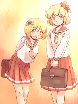 2girls :d aki_minoriko aki_shizuha alternate_costume arms_behind_back bag_charm blonde_hair briefcase charm_(object) collar commentary_request food-themed_hair_ornament grape_hair_ornament hair_ornament holding holding_briefcase leaf_hair_ornament light_blush light_smile multiple_girls neckerchief odaibako open_mouth orange_background orange_eyes pleated_skirt rangycrow red_collar red_eyes red_skirt school_briefcase school_uniform shirt short_hair sideways_glance skirt smile touhou white_shirt yellow_neckerchief