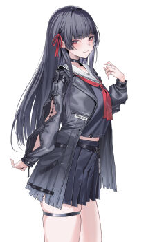Rule 34 | 1girl, absurdres, arm cutout, black hair, black jacket, black shirt, black skirt, chisa (wuthering waves), closed mouth, clothing cutout, commentary, crop top, from side, hair ribbon, hand up, highres, jacket, light blush, long hair, long sleeves, looking at viewer, mole, mole under eye, neckerchief, red eyes, red neckerchief, red ribbon, ribbon, sailor collar, shirt, simple background, skirt, smile, solo, tacet mark (wuthering waves), thigh strap, thighs, tooyon, white background, white sailor collar, wuthering waves