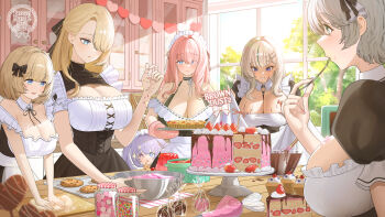 6+girls absurdres bare_shoulders blonde_hair blue_eyes blurry blurry_foreground bow breasts brown_dust_(series) brown_dust_2 cabinet cake character_request check_character chocolate_chip_cookie cleavage closed_mouth commentary cookie copyright_name cupcake dang_geun23283 detached_collar dress eating english_commentary food food_on_body food_on_breasts fruit green_eyes grey_hair hair_bow hair_intakes hair_ornament hair_over_one_eye heterochromia highres indoors large_breasts long_hair looking_at_viewer looking_down maid maid_headdress multicolored_hair multiple_girls open_mouth oven_mitts pink_hair purple_eyes purple_hair short_hair smile sprinkles strawberry streaked_hair table tray tree wilhelmina_(brown_dust) window x_hair_ornament