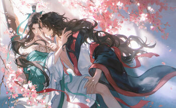 2boys abs absurdres al_(ahr) bindi black_hair black_hanfu brown_hair chinese_clothes chinese_hairpin closed_mouth collarbone couple cowboy_shot curly_hair curtained_hair face-to-face facial_mark falling_petals feet_out_of_frame floating_clothes floating_hair flower folding_fan forehead_mark green_eyes green_hanfu hair_bun half_updo hand_fan hand_on_another's_shoulder hand_on_another's_thigh hanfu head_tilt highres holding holding_fan kabedon knee_up leaning_forward light_particles light_rays long_hair long_sleeves looking_at_another luo_binghe male_focus multiple_boys off_shoulder open_clothes open_robe parted_bangs pectorals petals pink_petals plum_blossoms pole renzha_fanpai_zijiu_xitong ribboned_xiao_guan robe shen_qingqiu single_hair_bun very_long_hair wide_sleeves yaoi zuiyin